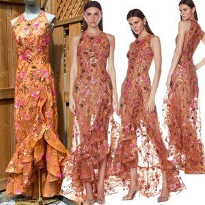 🆕 BRONX & BANCO🧿 NWOT Sicilia Coral Sequin Fluted Hem Maxi Dress, Sz S US 4